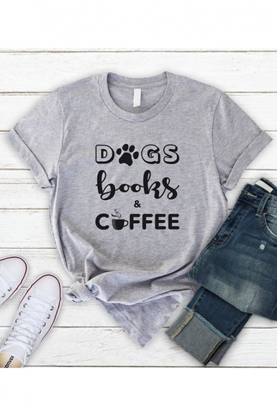 DOGS Books Coffee Funny Letter Pattern Round Neck Short Sleeve Casual Light Gray Tee