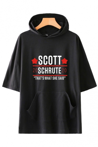 Fashion Letter Scott Schrute Printed Short Sleeve Hooded Casual Relaxed T-Shirt