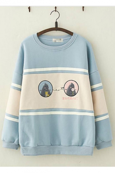 Girls Cartoon Bear Letter Embroidered Color Block Patchwork Long Sleeve Round Neck Sweatshirt