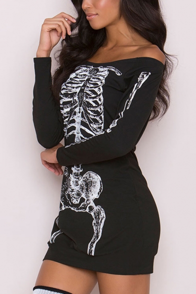 Halloween Skull Cat Printed Sexy Round Neck Long Sleeve Black Bodycon Mini Dress