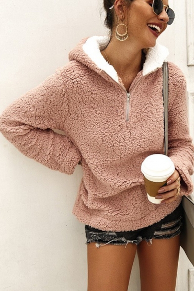 Hot Fashion Half-Zip Front Color Block Long Sleeve Fluffy Hoodie