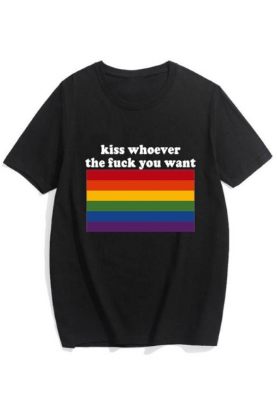 Kiss Whoever The Fuck You Want Letter Striped Printed Round Neck Short Sleeve T-Shirt