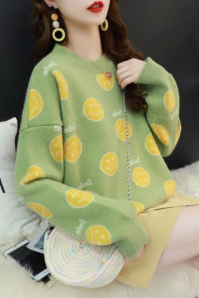 Ladies Cute Smiling Face Print Round Neck Drop Sleeve Boxy Sweater