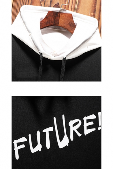 Men's New Stylish Letter FUTURE Print Colorblock Long Sleeve Pullover Drawstring Hoodie