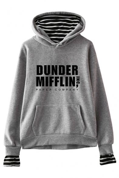 New Fashion Letter Dunder Mifflin Print Striped Fake Two-Piece Hoodie