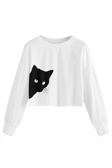 New Trendy Black Cat Pattern Round Neck Long Sleeve Cropped Sweatshirt