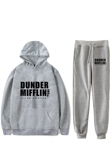 New Trendy Letter Dunder Mifflin Printed Loose Hoodie with Sport Sweatpants Two-Piece Set