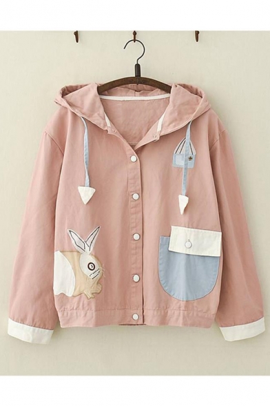 Students Lovely Rabbit Pattern Buttons Down Patchwork Color Block Long Sleeve Hooded Casual Loose Jacket