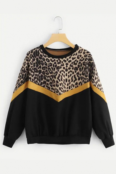 Unique Long Sleeve Leopard Patched Color Block Round Neck Leisure Sweatshirt