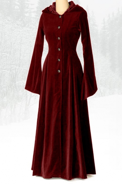 Vintage Medieval Button-Front Bell Sleeve Maxi A-line Hooded Dress