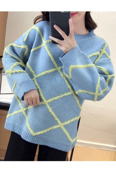 Womens Casual Oversized Plaid Print Round Neck Bloomer Sleeve Boxy Sweater
