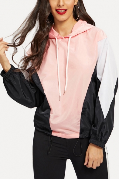 Casual Colorblocked Elastic Cuffs Long Sleeve Loose Drawstring Hoodie for Women