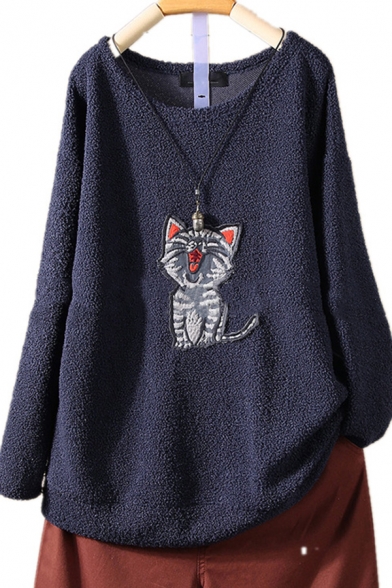 Cute Cartoon Cat Embroidered Round Neck Long Sleeve Loose Leisure Fluffy Fleece Sweatshirt