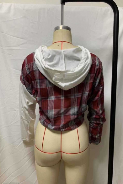 Fashionable Check Pattern Panelled Long Sleeve Tied Knot Hem Drawstring Hoodie