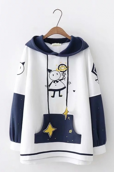 Funny Embroidery Character Star Color-Block Pocket Long Sleeve Loose Hoodie