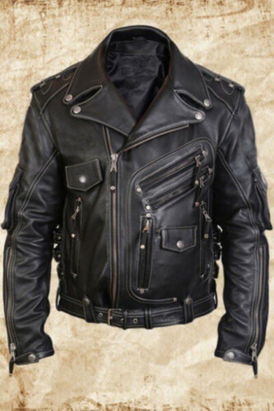 Men Retro Notched Lapel Studded Zipper Embellished Black PU Leather Short Jacket Coat