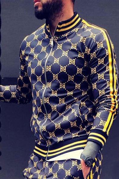 Men's New Trendy Print Striped Long Sleeve Stand Collared Sweatshirt Sports Jacket