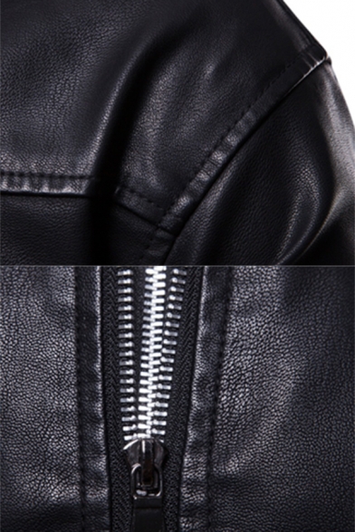 Plain Black Long Sleeve Double Zipper PU Leather Hooded Jacket Coat