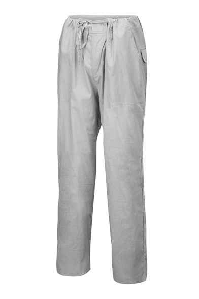 Simple Drawstring Waist Plain Loose Straight Leg Pants with Pocket for Men