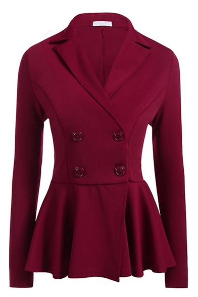 Solid Color Double-Breasted Notched Collar Ruffle Peplum Blazer Coat