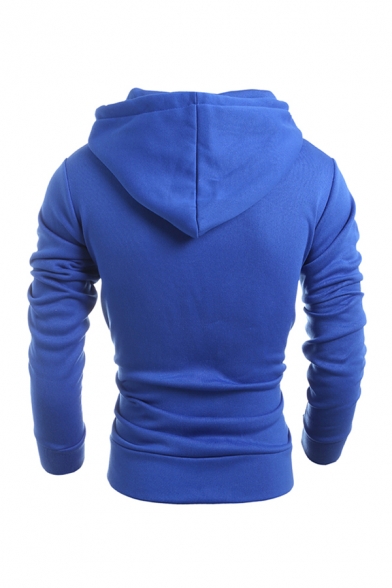 Blue Long Sleeve Zip Up Basic Drawstring Hoodie with Pocket