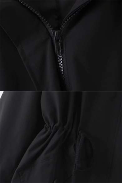 Casual Flap Pocket Elastic Cuffs Back Split Drawstring Waist Windbreaker Hooded Coat