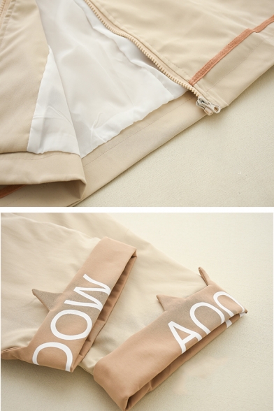 Cute Fox Letter Embroidery Long Sleeve Zip Up Longline Casual Jacket Coat