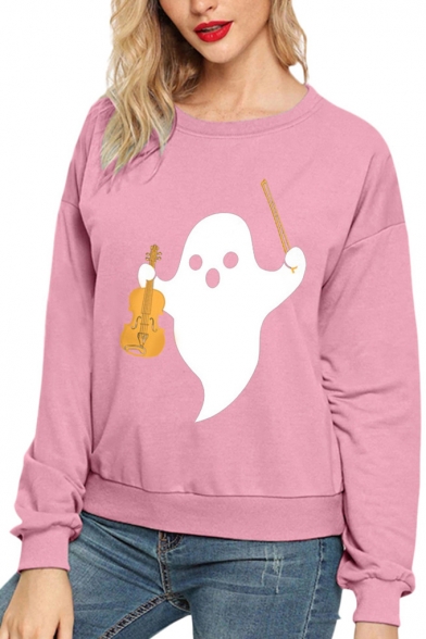 Cute Ghost Violin Printed Round Neck Long Sleeve Solid Color Pullover Sweatshirt