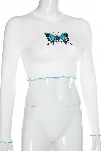 Fall Sexy High Neck Butterfly Printed Long Sleeve Contrast Trim White Casual T-Shirt