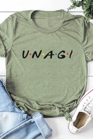 Fashionable Letter UNAGI Printed Round Neck Short Sleeve T-Shirt for Women