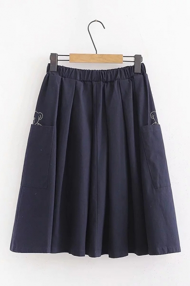 Girls Casual Bear Embroidery Elastic Waist Midi Plain A-Line Skirt with Dual Pocket