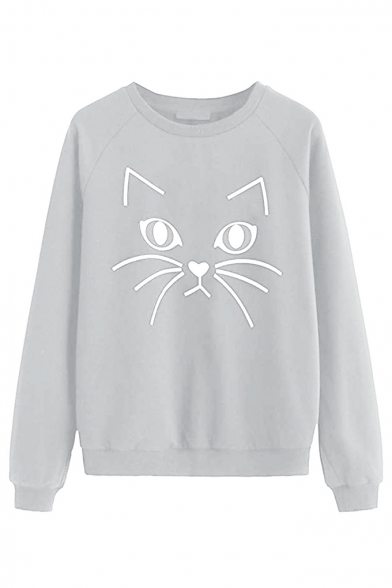 Girls Simple Cat Print Round Neck Long Sleeve Graphic Sweatshirt