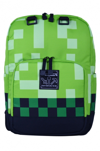 Green Square-Shaped Color Block Plaid Patchwork School Bag Zipper Backpack 45*33*23cm