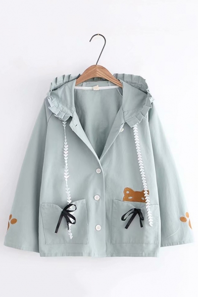 Lovely Embroidery Cat Bow Pocket Single Button Long Sleeve Hooded Trench Coat
