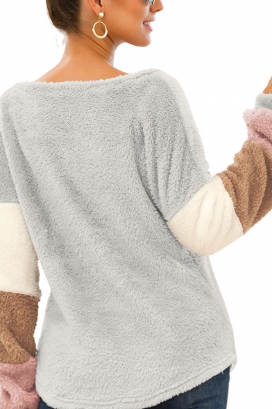 New Stylish Color Block Round Neck Long Sleeve Loose Leisure Fluffy Teddy Sweatshirt