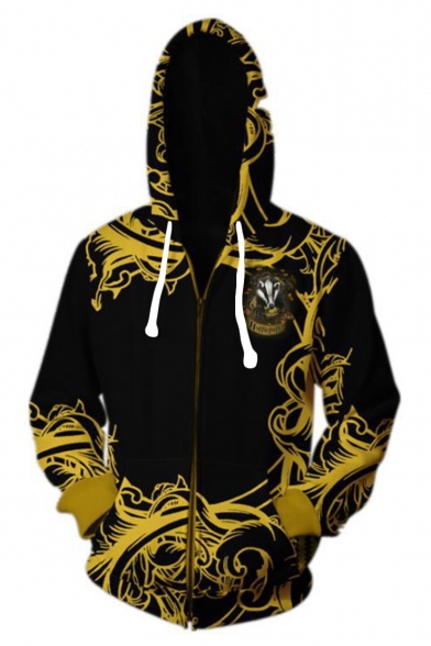 Popular Fashion Letter HUFFLEPUFF Animal 3D Printed Black and Yellow Long Sleeve Zip Up Hoodie