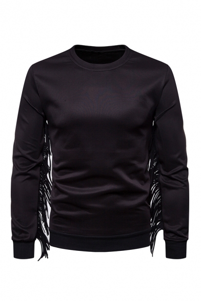 Trendy Fringe Long Sleeve Solid Color Pullover Sweatshirt
