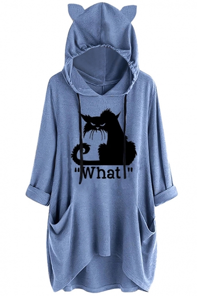 Women's WHAT Letter Cat Print Cat Ear Flowy Hoodie Blouse with Pocket