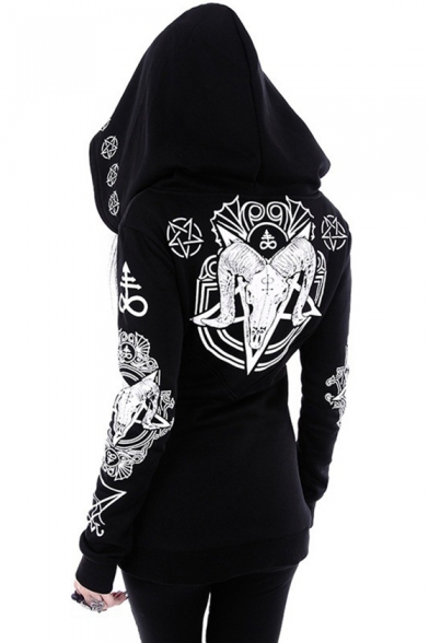 Women Steampunk Fashion Moon Star Pattern Hooded Black Gothic Zip Up Fitted Hoodie