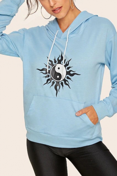 Yin Yang Sun Pattern Light Blue Pullover Hoodie with Kanga Pocket