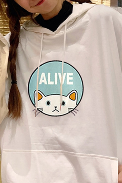 ALIVE Cartoon Cat Print Long Sleeve Drawstring Hoodie for Girls