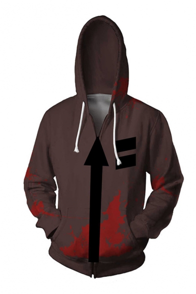 Cool Cosplay Costume Bloodstain Arrow Pattern Brown Zipper Hoodie with Pocket
