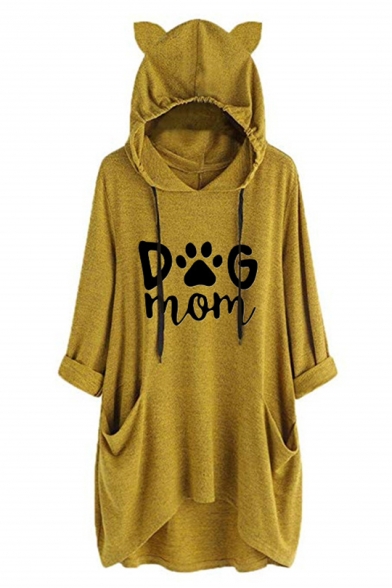 Cute Ear Hood Design Long Sleeve DOG MOM Letter Claw Print Longline Drawstring Hoodie