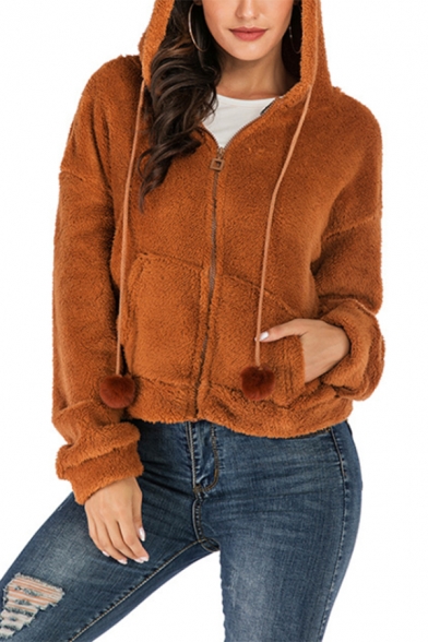 Fashion Plain Long Sleeves Fluffy Teddy Camel  Crop Zip Up Hoodie With Pockets