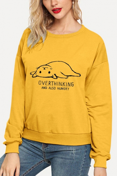 Fashion Women's Funny Cat Printed Long Sleeve Plain Graphic Pullover Sweatshirt