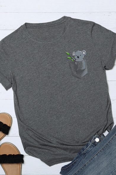 Lovely Koala Pattern Round Neck Short Sleeve Regular Fit Casual T-Shirt