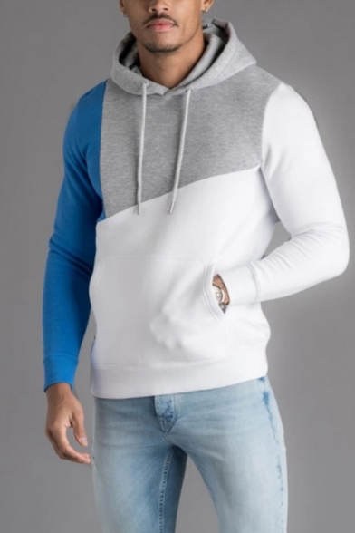Mens Casual Cut and Sew Color Block Panel Long Sleeve Drawstring Fitted Hoodie