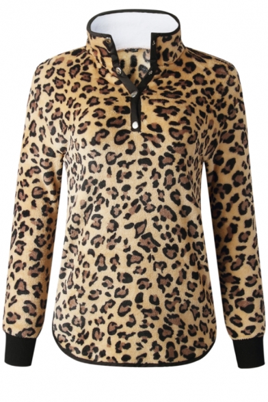 New Stylish Leopard Pattern Button Front Embellished Long Sleeve Fluffy Pullover Sweatshirt