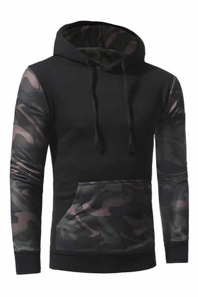 New Trendy Camouflage Panelled Pocket Long Sleeve Drawstring Hoodie