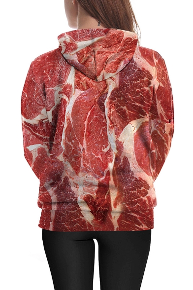 Raw Meat 3D Printed Long Sleeve Drawstring Hoodie with Pocket